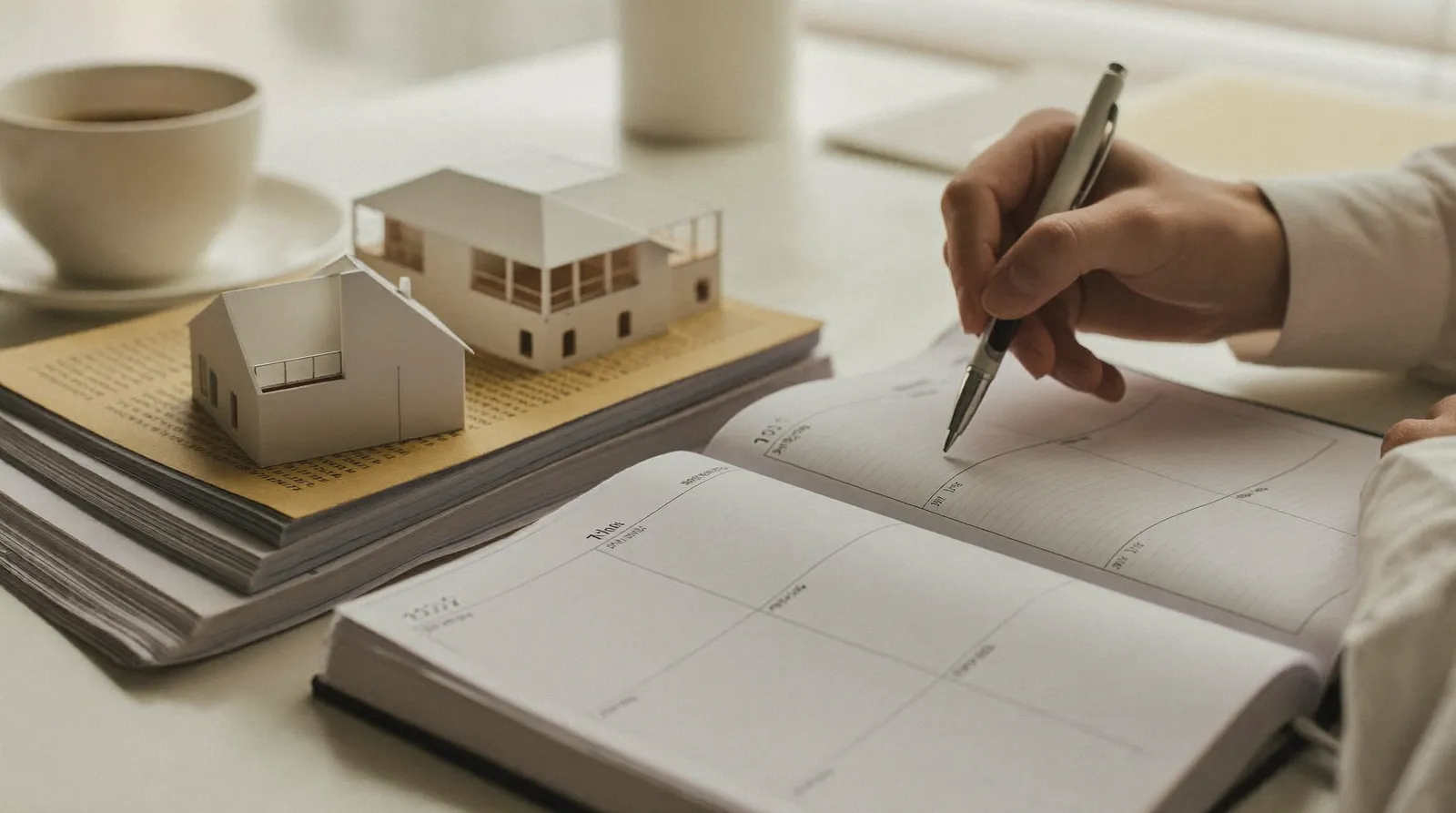 Hand mit Stift über einem Terminplaner bei der Planung des Heizungstauschs