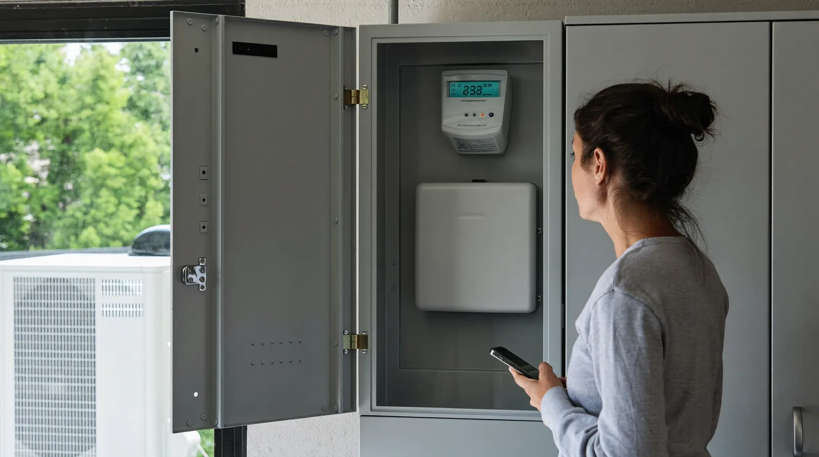 Hausbesitzerin mit Smartphone vor dem geöffneten Zählerschrank im Hauswirtschaftsraum