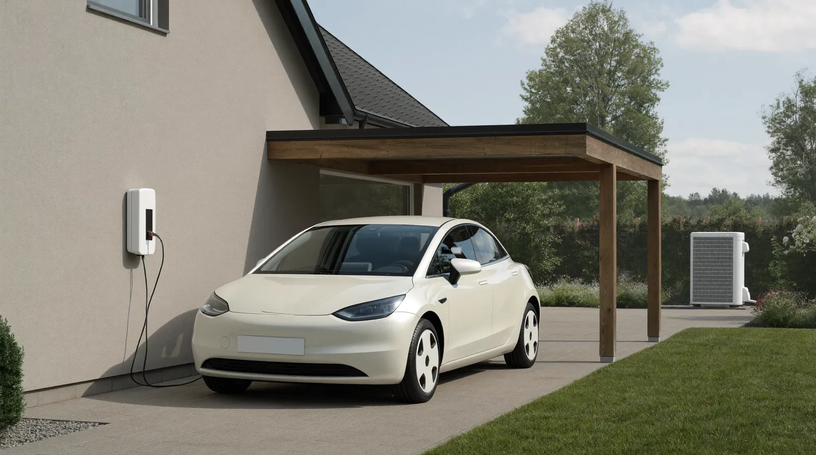 Elektroauto lädt an der Wallbox neben dem Außengerät einer Wärmepumpe