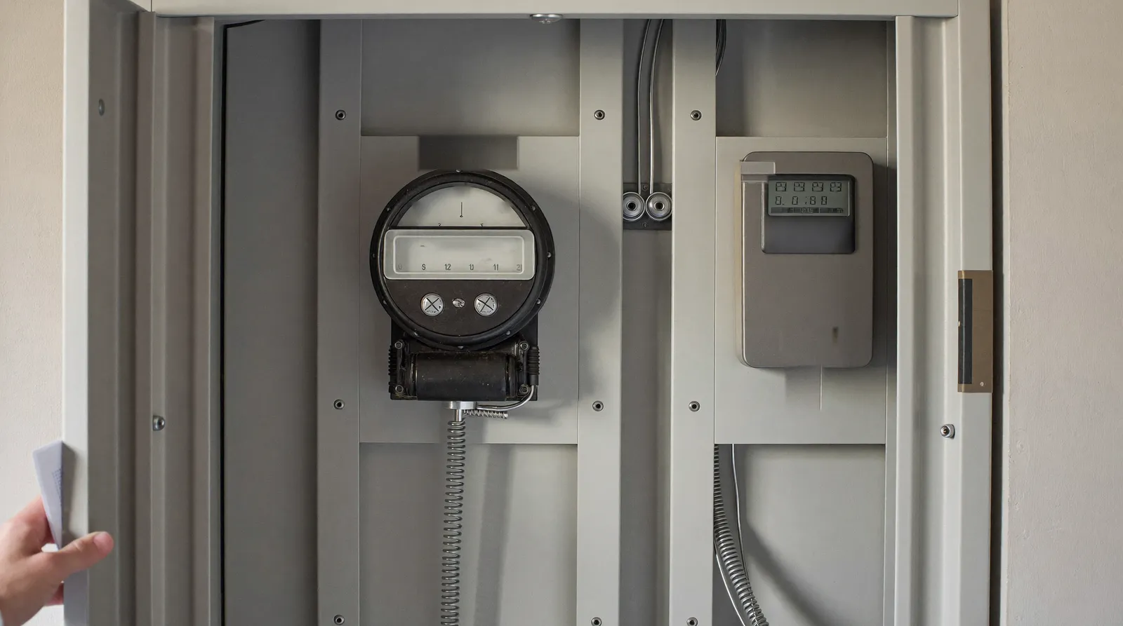 Hausbesitzer vor dem geöffneten Zählerschrank mit altem und neuem Stromzähler